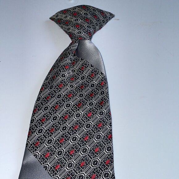 Groovy Vtg 70s gray & red striped polyester clip on tie - Picture 3 of 7